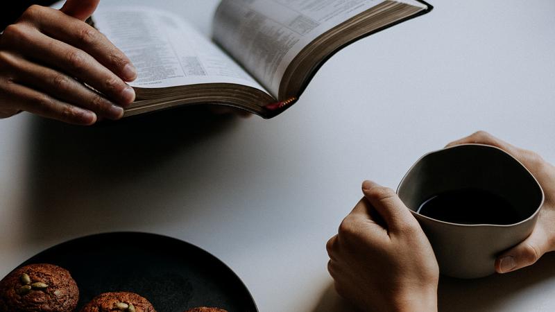 A white table. Hands holding an open book and another person's hands around a coffee mug. A plate of bran muffins